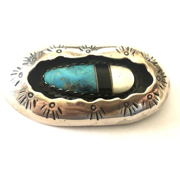 Southwest Vintage Sterling Oblong Brooch w/ Turquoise Onyx & Pearl